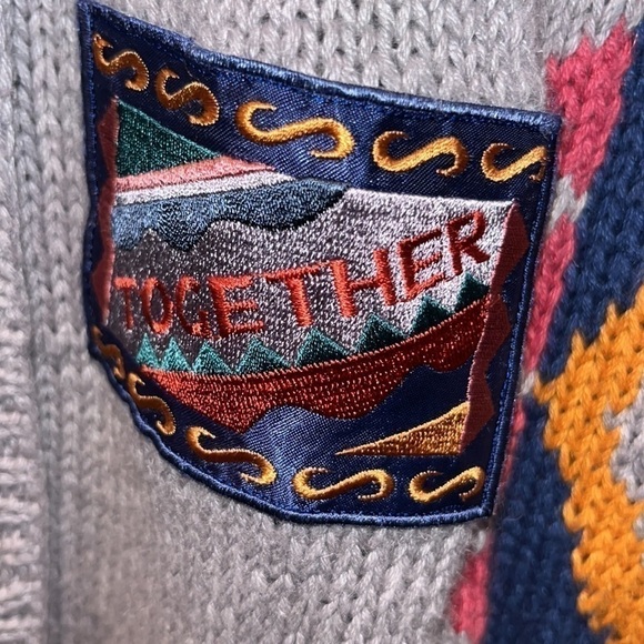 RETRO 80s chunky knit novelty funky patch sweater cardigan XL colorful kitsch - Picture 9 of 17